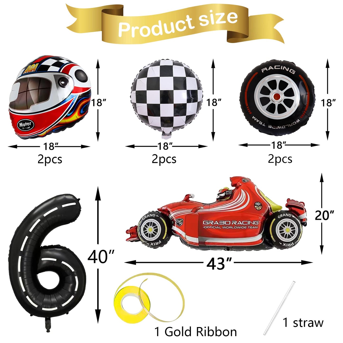 Stcomart 8 Pcs Race Car Party Decorations, Black Number 6 Balloon Checkered Balloons Tire Balloons For Boys 6Th Birthday