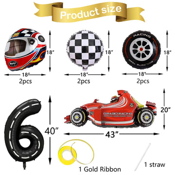 Stcomart 8 Pcs Race Car Party Decorations, Black Number 6 Balloon Checkered Balloons Tire Balloons For Boys 6Th Birthday