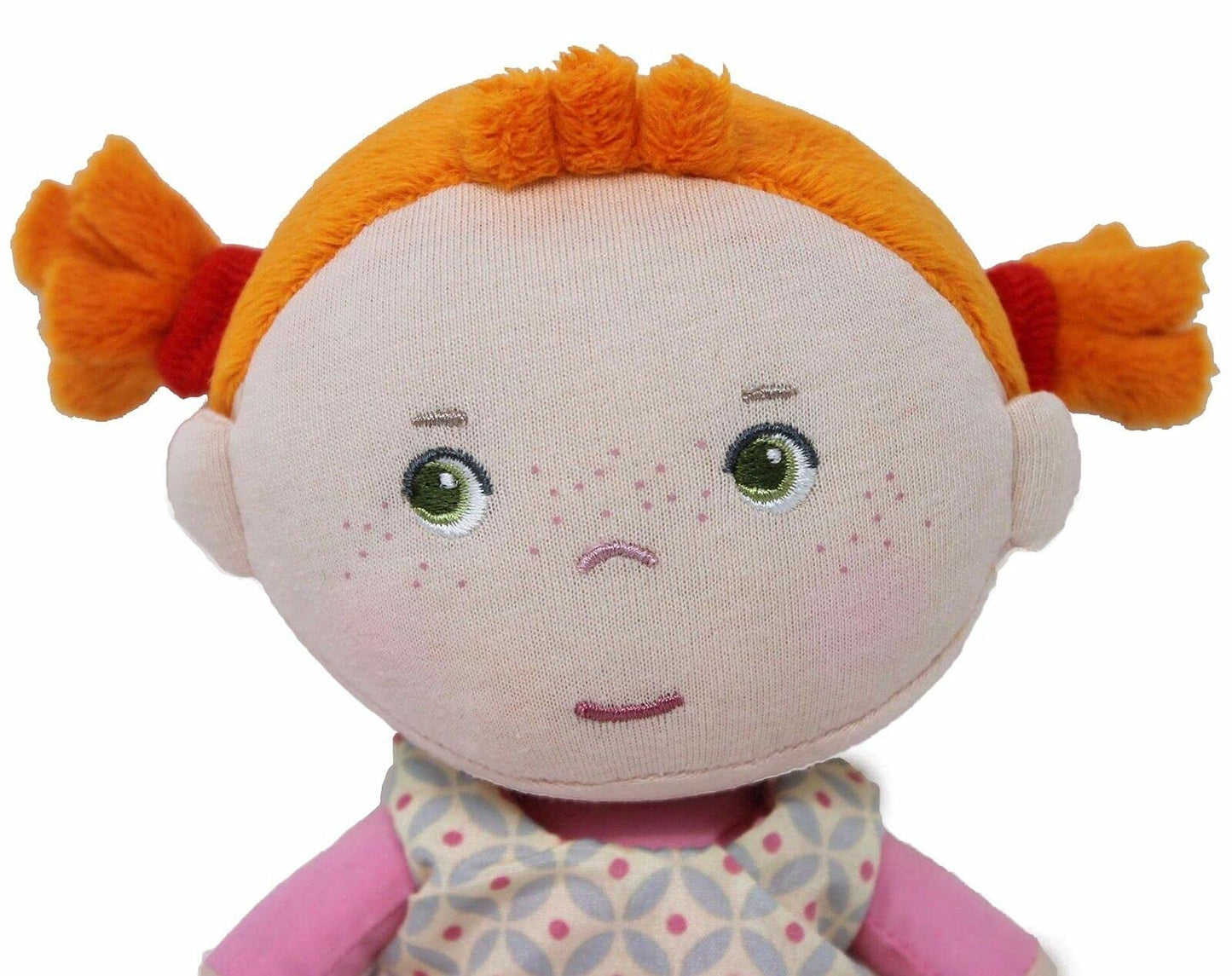 HABA Soft Baby Doll Roya - 10" Machine Washable Polyester Doll with Red Pigtails in Pink Dress - Ideal for 2 Year Old Girls