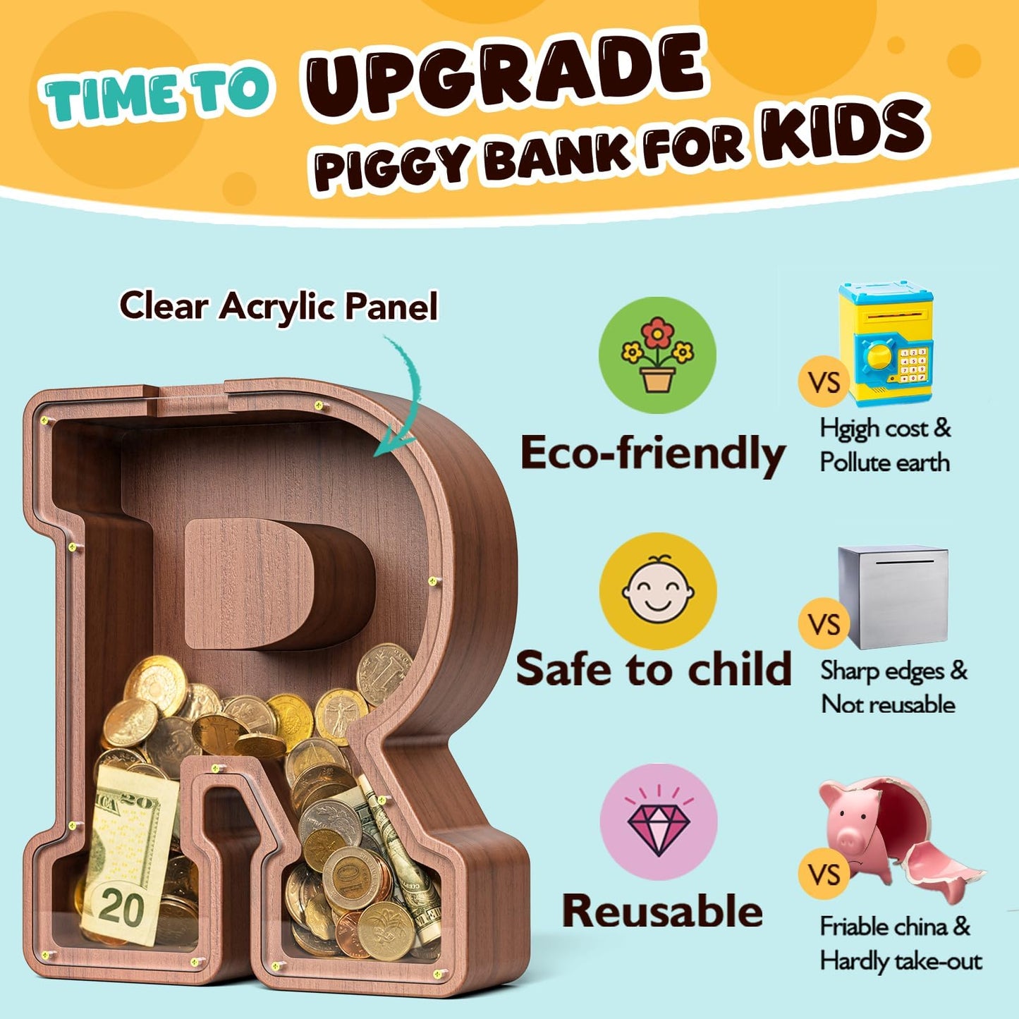Summidate Wooden Letter Piggy Bank, Extra Thick 9" Capacity for Kids, Alphabet R, Durable Wood, Ideal for Birthdays & Festivals
