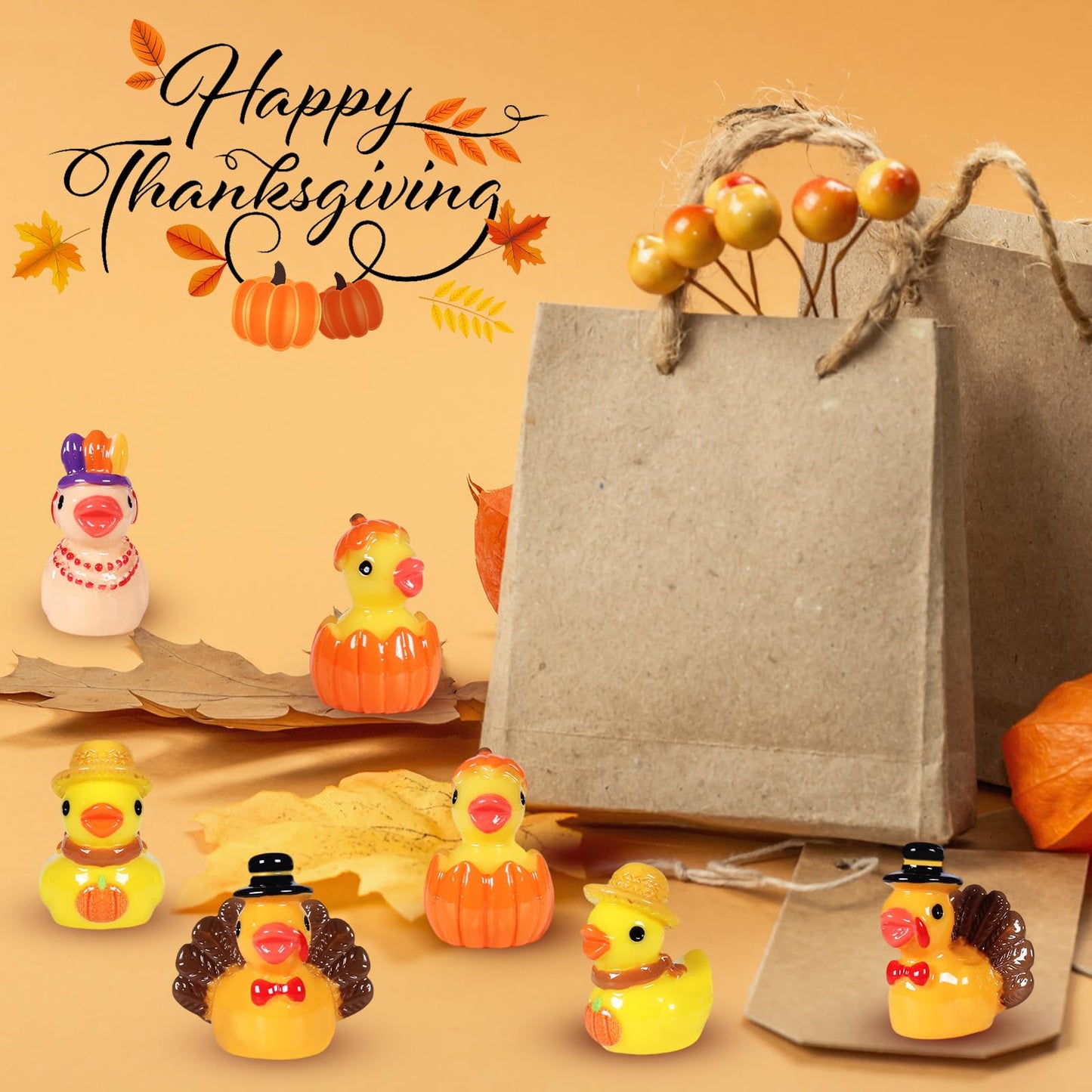 48 Pcs Thanksgiving Mini Resin Ducks  Tiny Miniature Turkey Ducks Figurines  Novelty Thanksgiving Tiny Turkey Ducks for Party Favors Gift Decoration