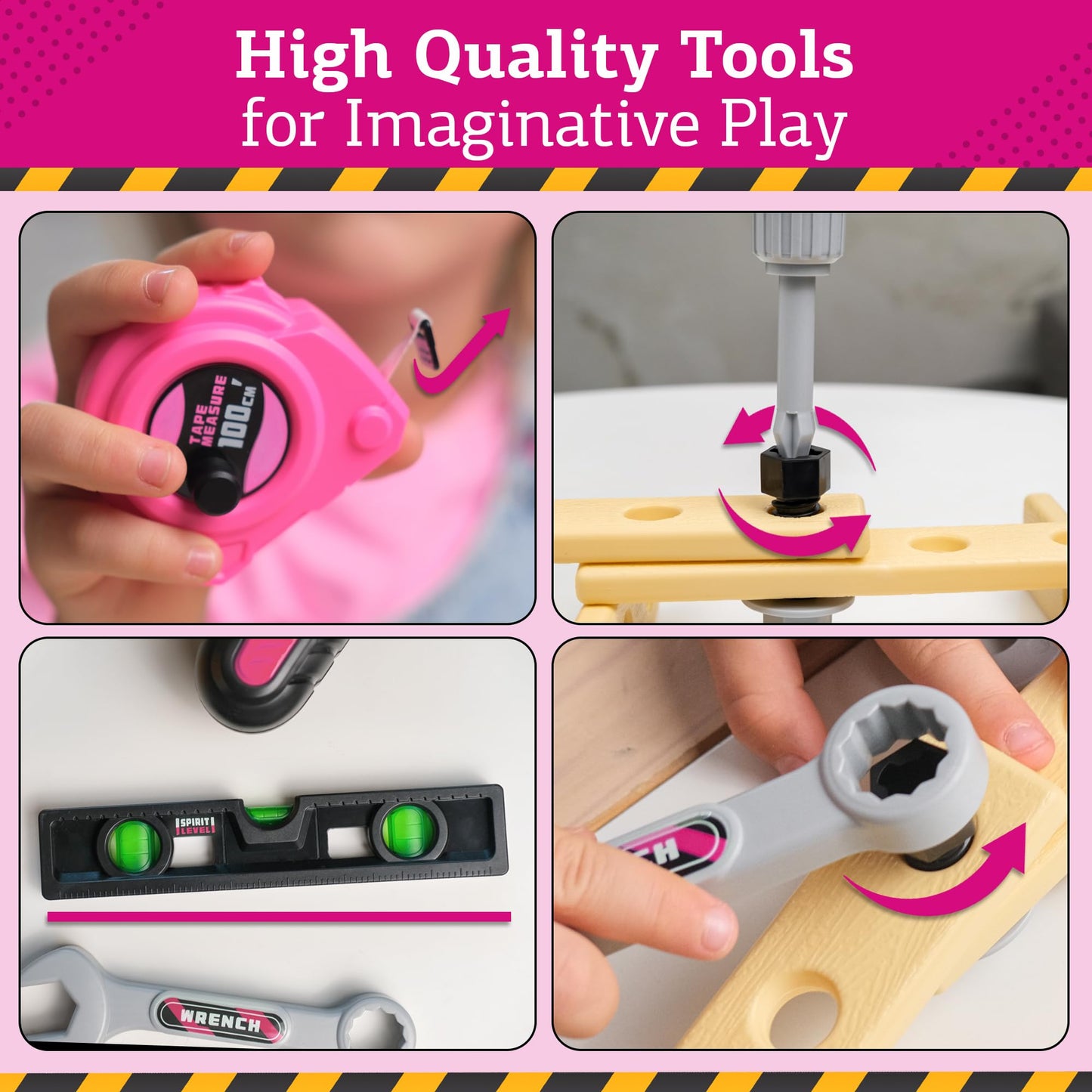 Toddler Girl Tool Set (Pink) With Carrying Case, Electronic Toy Drill & Vest - Pretend Play Tolls Kit With Safety Goggles, Gas S