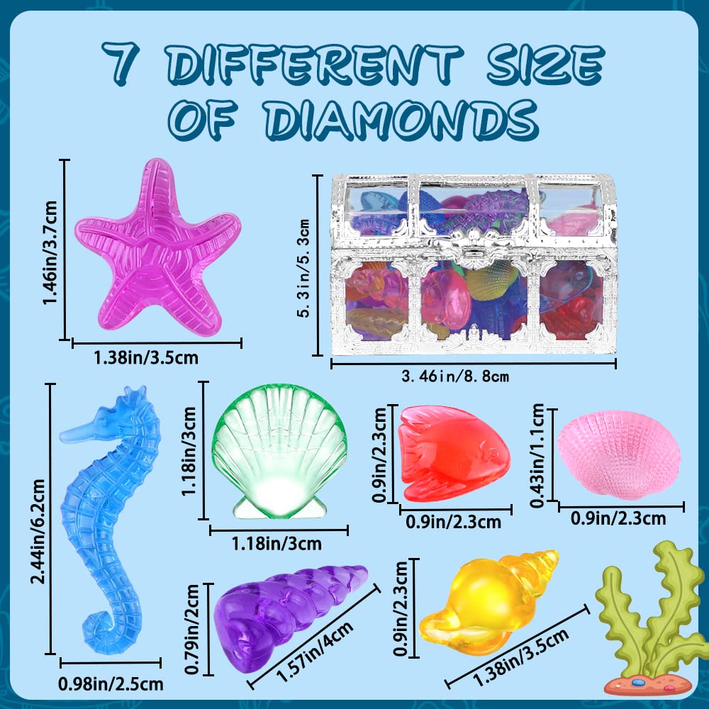 YUJUN 30 Pieces Colorful Diving Gem Pool Toys Big Diamond Ocean Animals Gem with Treasure Pirate Chest Box Summer Underwater Acrylic Gemstones Set for Kids Swimming Pool Party Favors