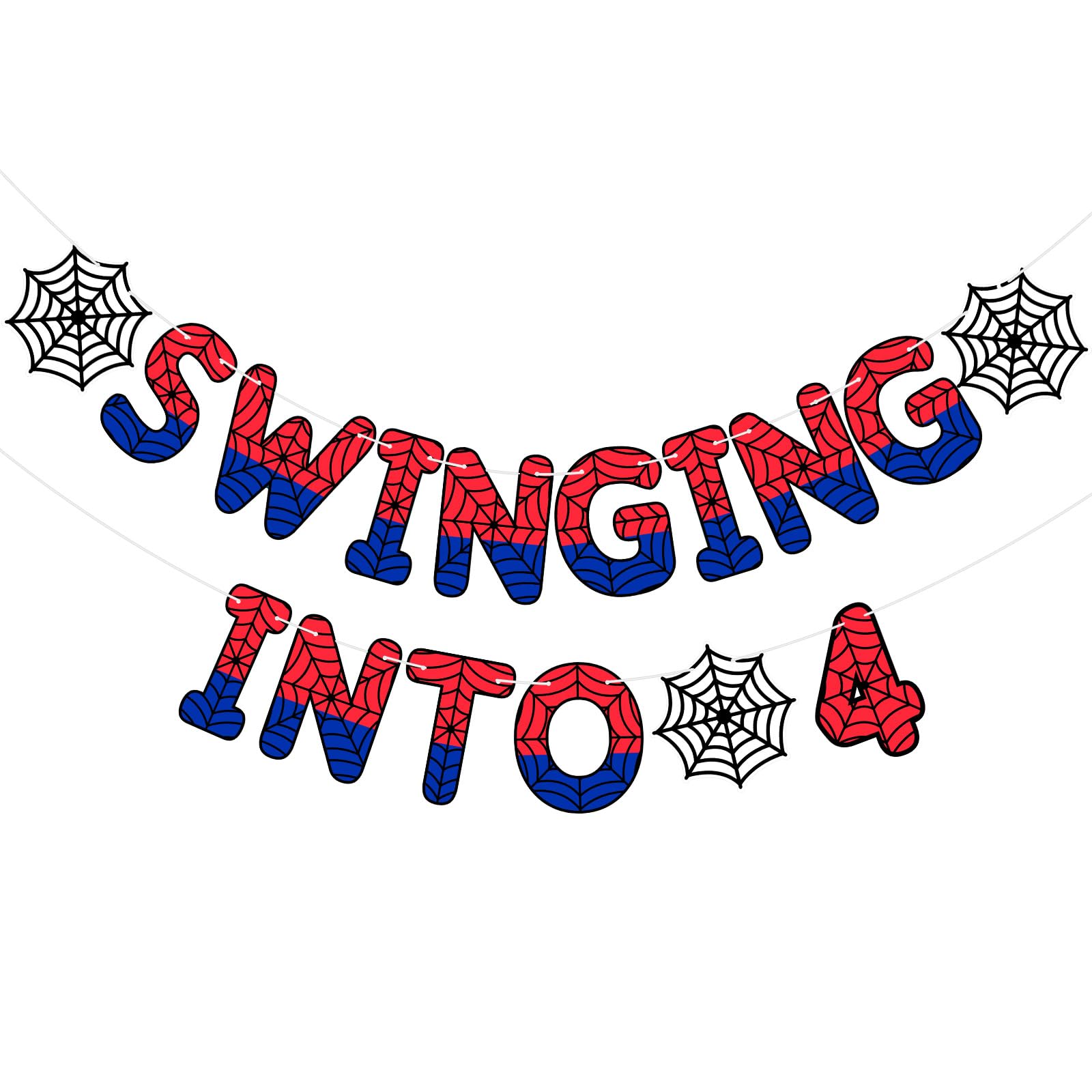 TaoBary Spider Theme 4th Birthday Banner, Pre-strung Swinging into 4 Banner, Spider 4th Birthday Decorations Party Supplies for 