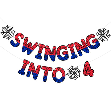 TaoBary Spider Theme 4th Birthday Banner, Pre-strung Swinging into 4 Banner, Spider 4th Birthday Decorations Party Supplies for 