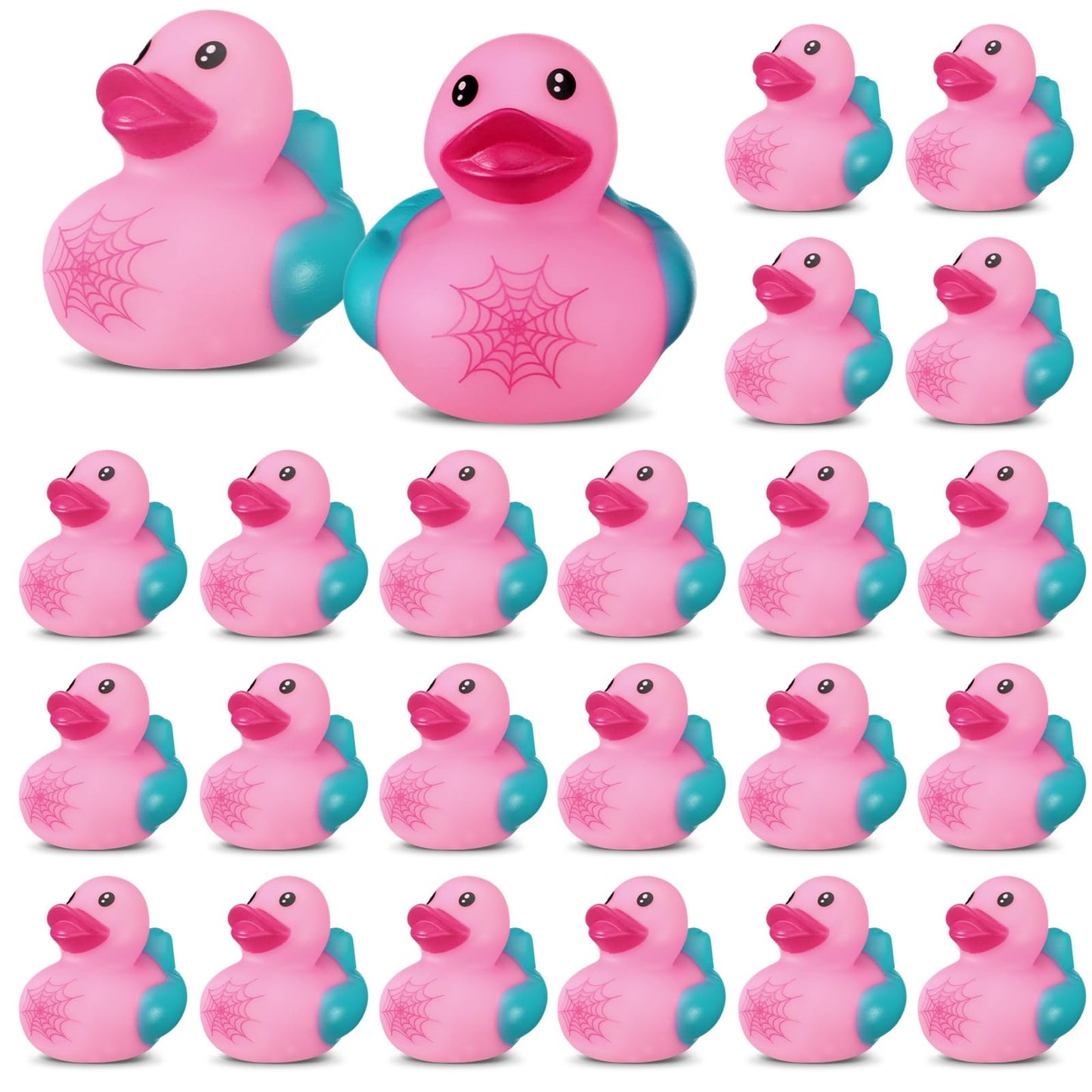 Leyndo 24 Pcs Christmas Spiderweb Birthday Party Decoration Favors Pink Spider Rubber Duck Bulk for Gifts Bathtub Floating Pool Squeaky Pink Blue Duck for Party Supplies