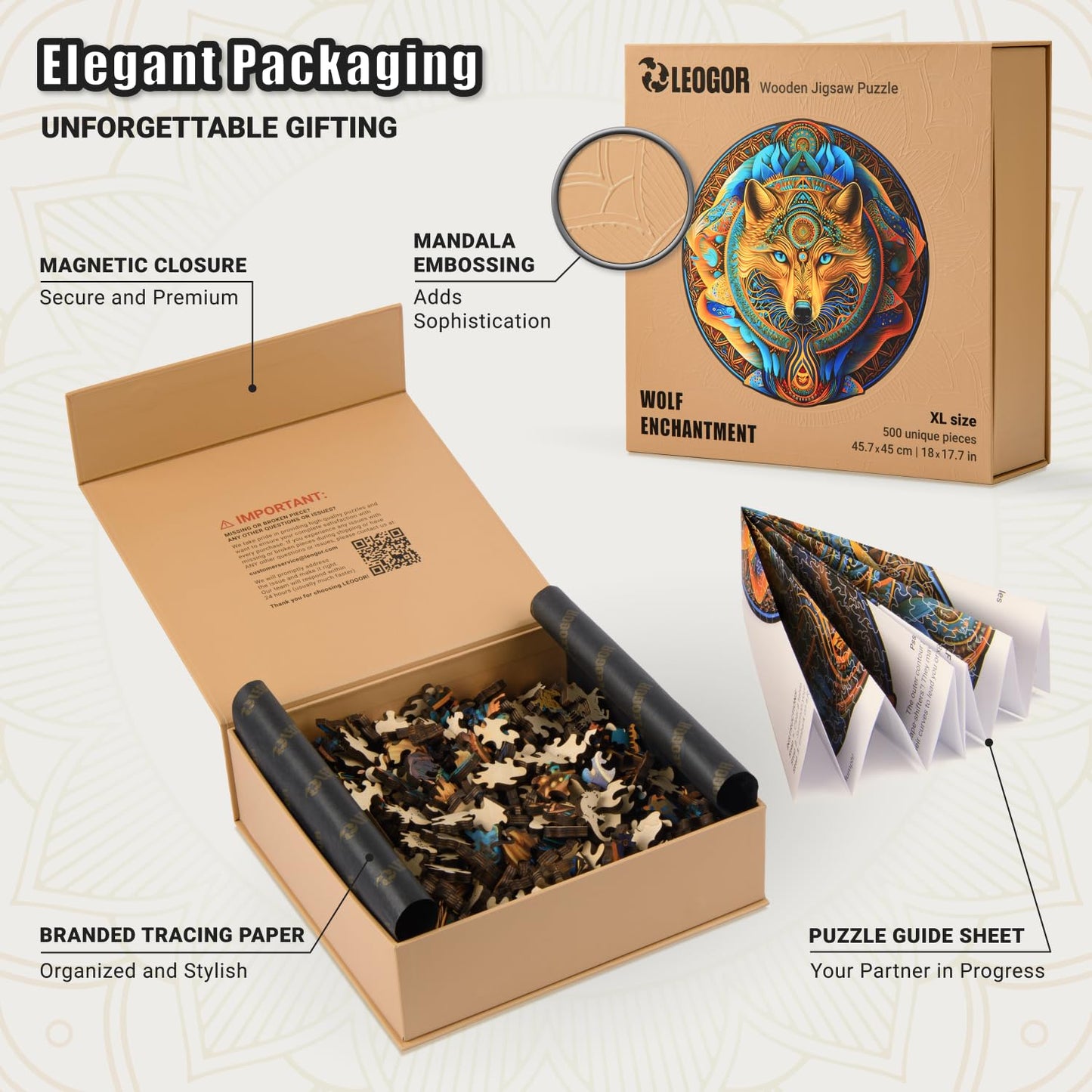 Wolf Enchantment - 500 Piece Wooden Puzzles for mature-themeds - 18 x 17.7 in - Extra-Thick 5 mm Wood Puzzle  Hand-Shaped Pieces  Round XL Mosaic Design - enhanced Gift for Puzzle Lovers by LEOGOR
