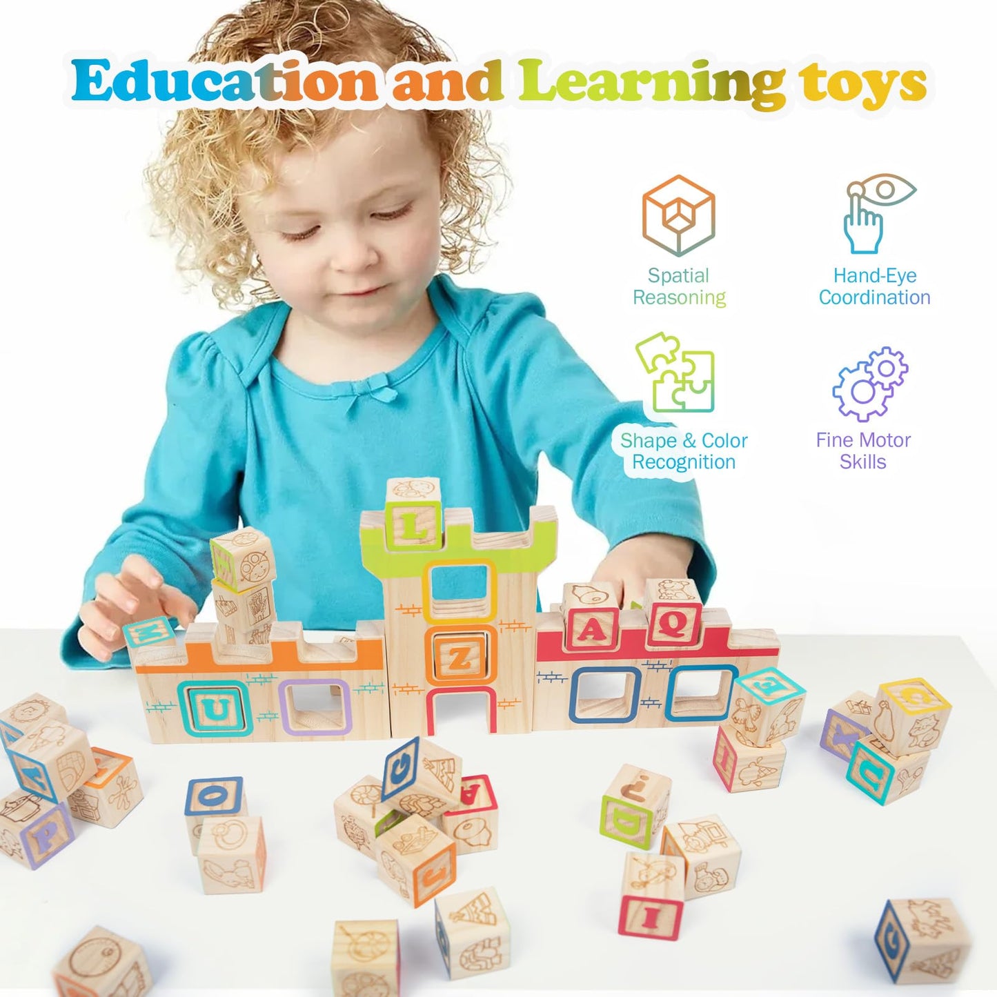 Wooden Building Blocks For Toddlers 2-3, Abc/Animals Castles Montessori Toys, Preschool Learning Toys Stacking Block For Prescho