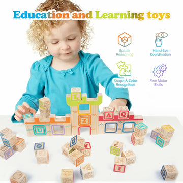 Wooden Building Blocks For Toddlers 2-3, Abc/Animals Castles Montessori Toys, Preschool Learning Toys Stacking Block For Prescho