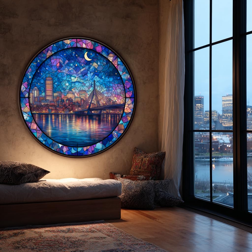 Bgraamiens 1000 Piece Jigsaw Puzzles for mature-themeds - Stained Glass Boston Skyline - Moonlit City View with Bridge and Reflections - Artistic Nighttime Challenge Gift