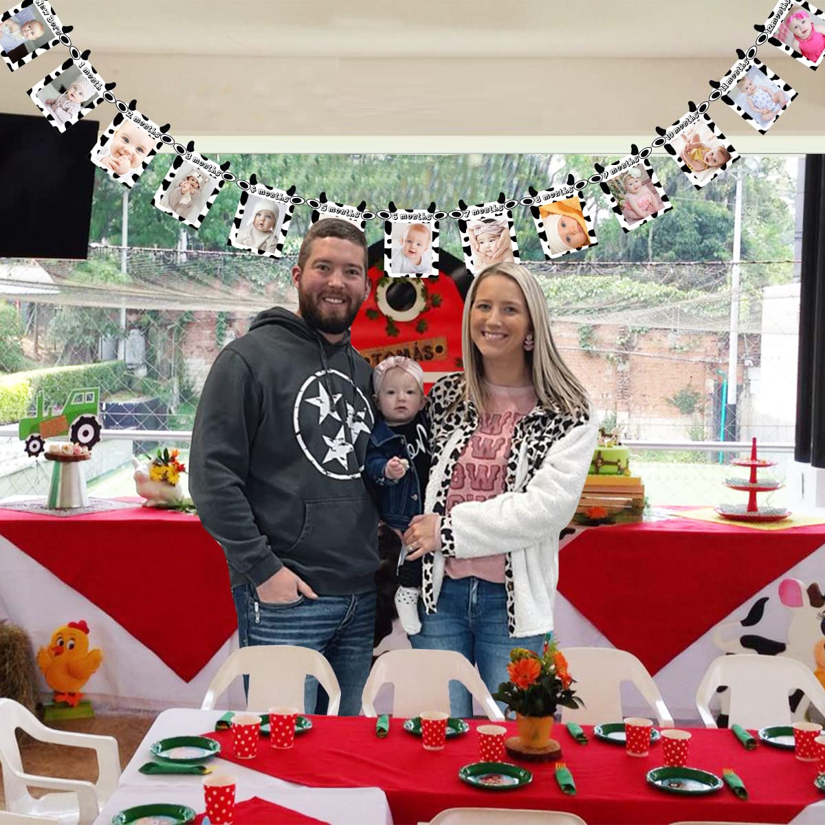 JOYMEMO 13PCs Cow 12 Month Photo Banner - 1st Birthday Baby Banner for Newborn to 12 Months, Cow Print Birthday Party Decoration