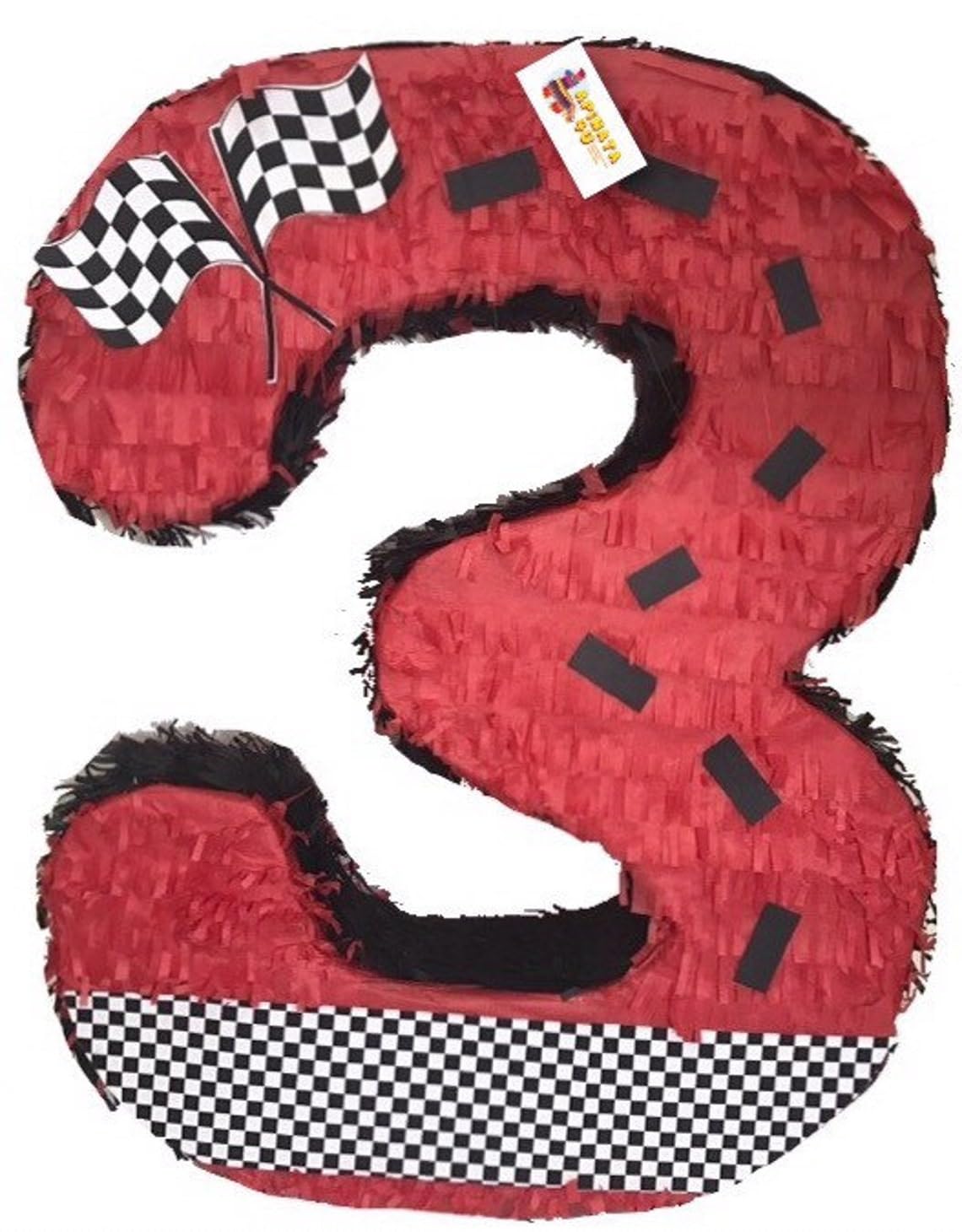 APINATA4U Number Three Race Car Pinata, Red Checkered Flag for First Birthday, Racing Theme Party Supplies, Race Track Decor, Ki