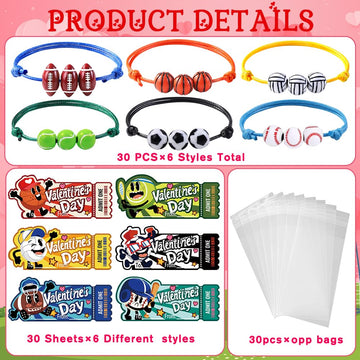 DIYDEC 30Pcs Valentines Sports Bracelets with Cards 6 Styles Soccer Basketball Bracelets for Kids Valentines Party Favors Sports