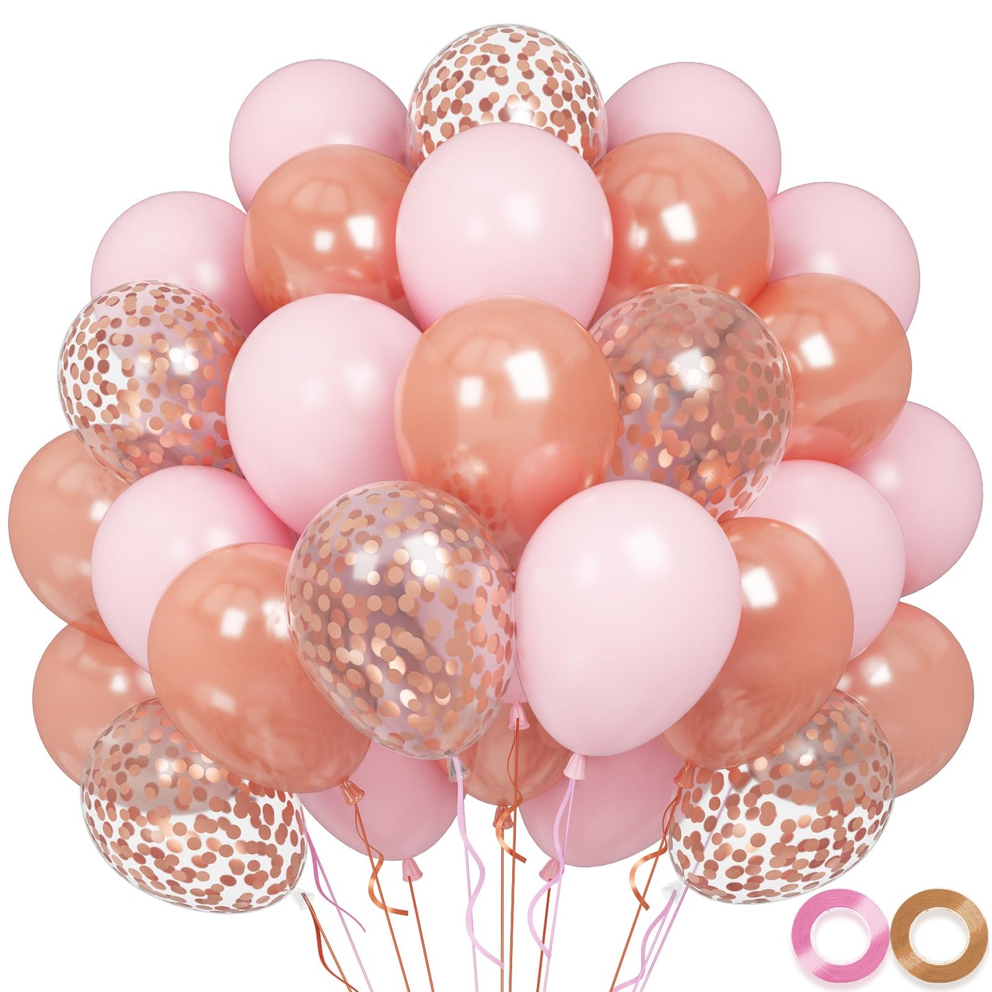 Rose Gold Pink Balloons, 60 Pcs 12 Inch Rose Gold Pastel Pink Birthday Balloons With Rose Gold Confetti Balloons, Pink Helium Ba