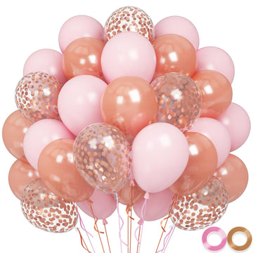 Rose Gold Pink Balloons, 60 Pcs 12 Inch Rose Gold Pastel Pink Birthday Balloons With Rose Gold Confetti Balloons, Pink Helium Ba