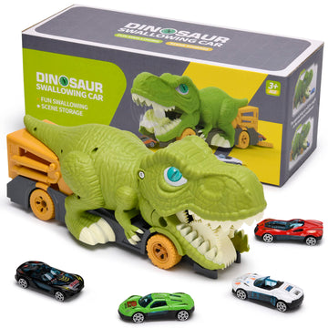 Awulo Dinosaur Car Swallowing Toy - Dinosaur Truck & 6 Mini Alloy Cars 6 Small Dino Eggs, Dinosaurs for Toddlers 1-3 Boys