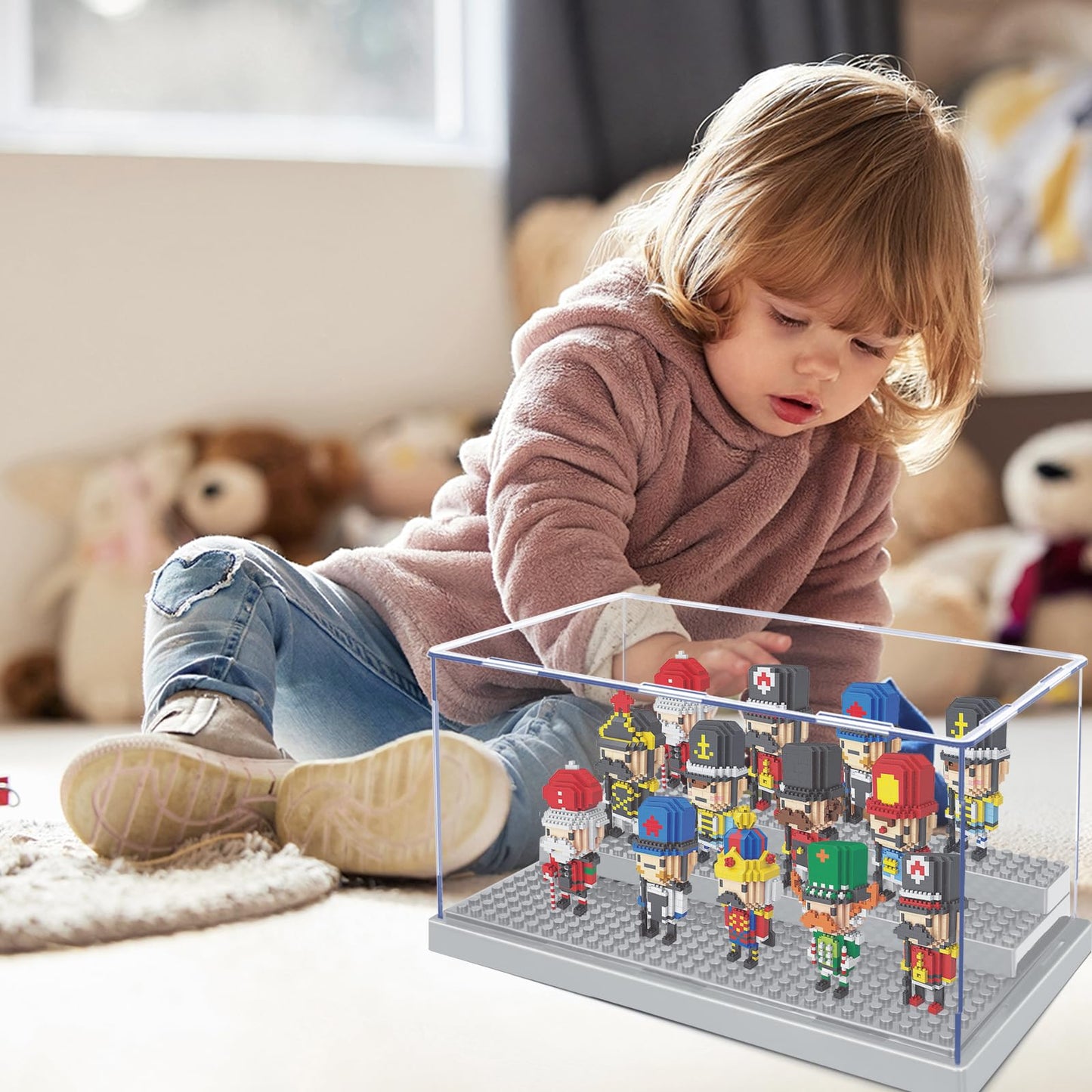 Kku Display Case For Figures, Minifigure Display Case Box Storage 10'' X 6.1'' X 5.4'', Action Figures Blocks For Display With 3