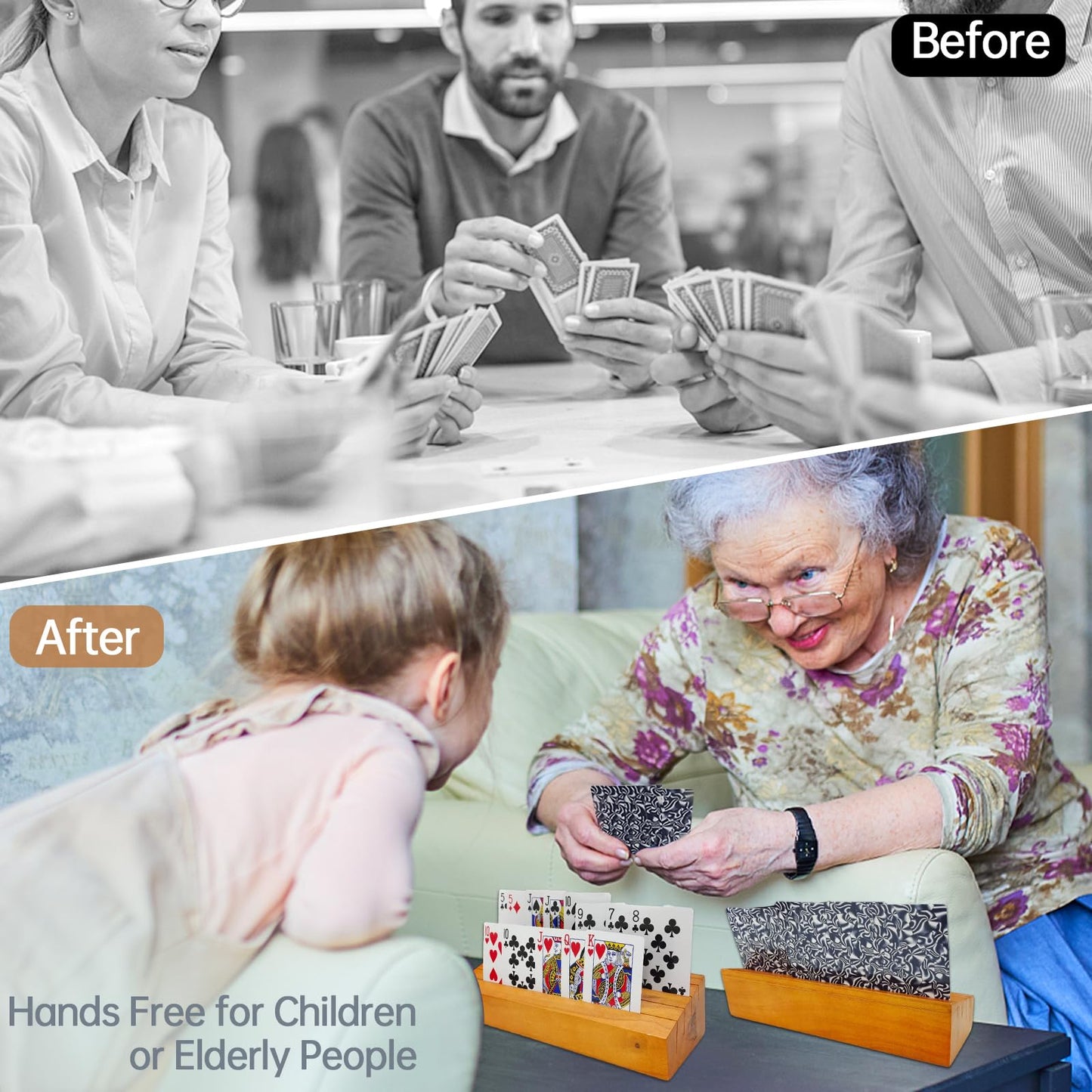 Hismocal 2 Pack Playing Card Holders Deck Stand, Play Cards Holder For Kids Or Elder People, Hands-Free Wood Holder Racks Set Of
