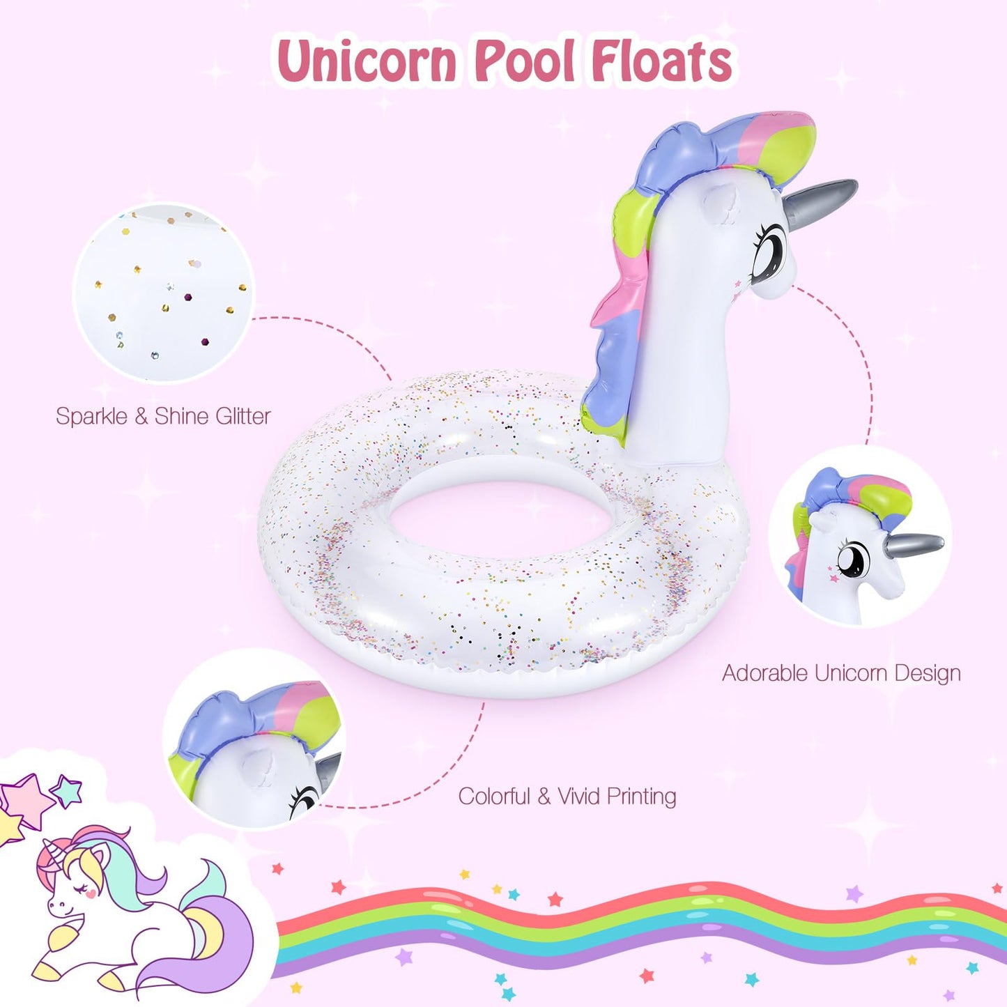 Moko Inflatable Pool Float-Cute Glitters Sequin Unicorn Swim Tube Rings Inflatable Swimming Toys Floaties Fun Summer Water Float