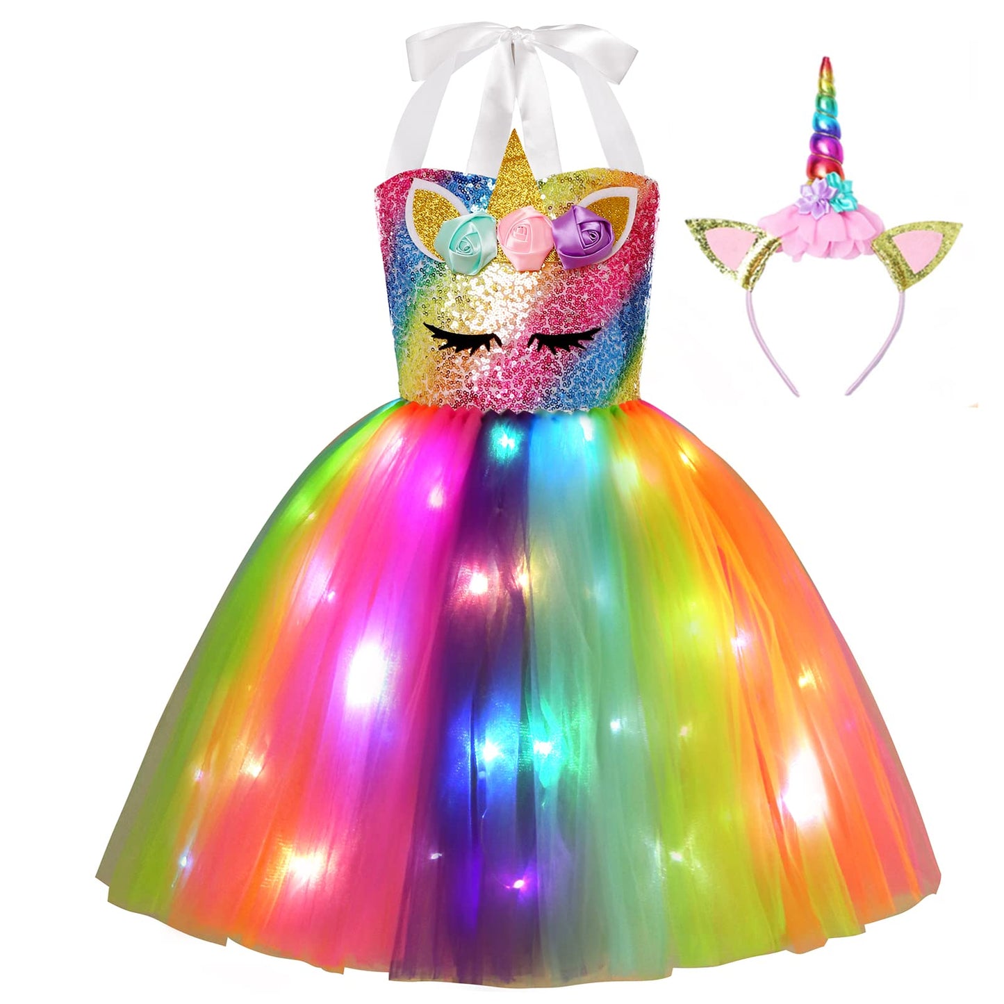 Gigoitly Unicorn Dress For Girls Sequin Unicorn Costume With Led Lights For Halloween Birthday Party Decorations (Rainbow Unicorn, 7-8 Years)