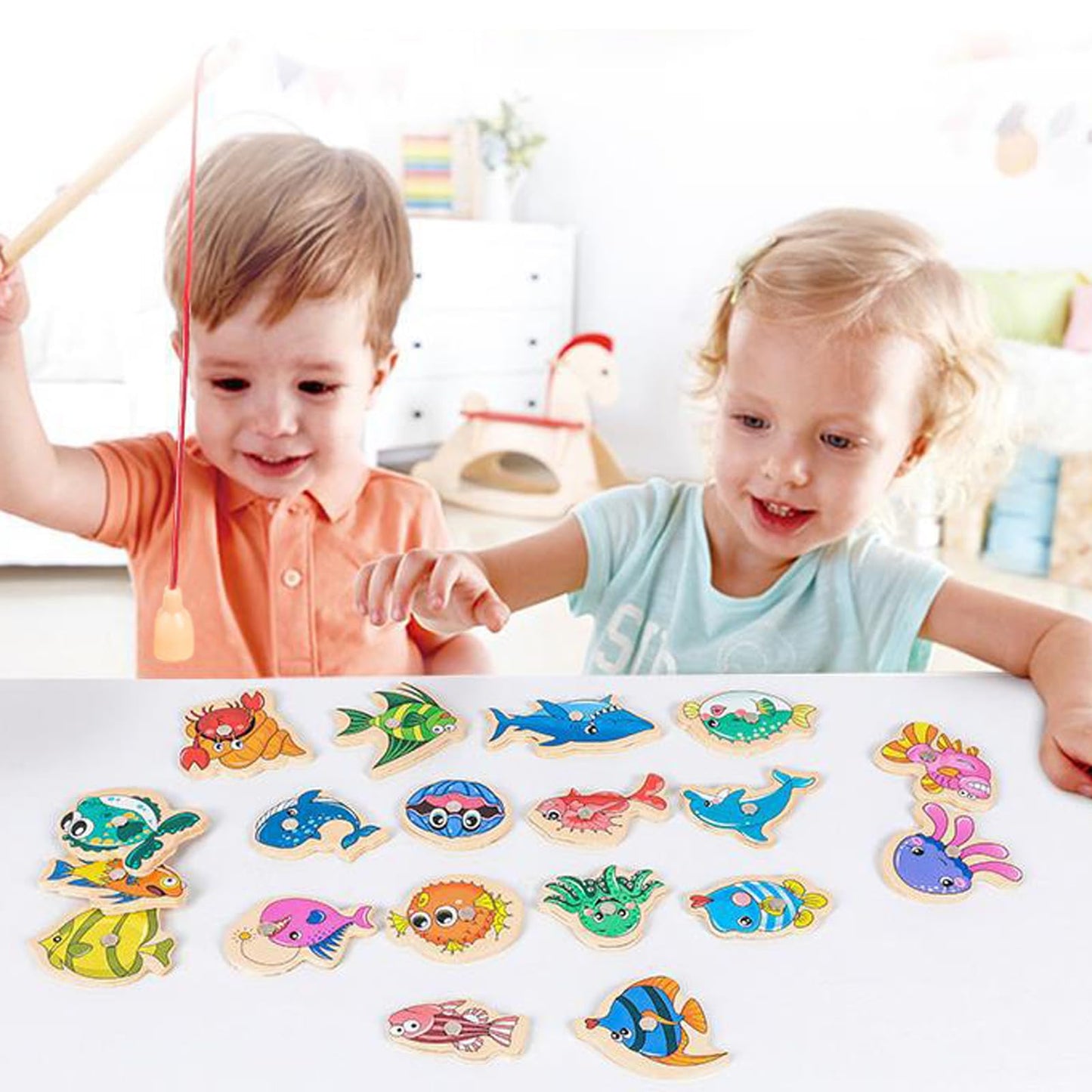 Onest 34 Pieces Magnetic Fishing Game For Kids Wooden Magnet Fishing Game Wooden Magnetic Toys For Kindergarten Preschool Girl Boy