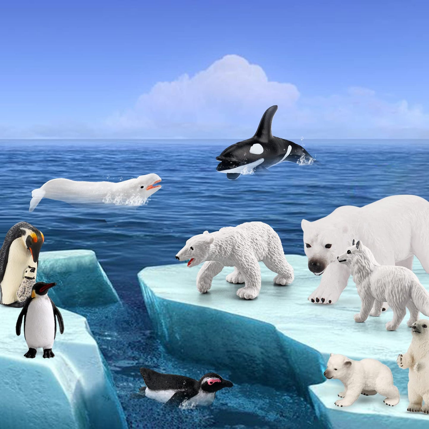 Bretoyin Arctic Animals Figurines Set 16Pcs Christmas Toy Gift Polar Bear Figurine Arctic Fox Figure Penguin Figurines Snow Mold