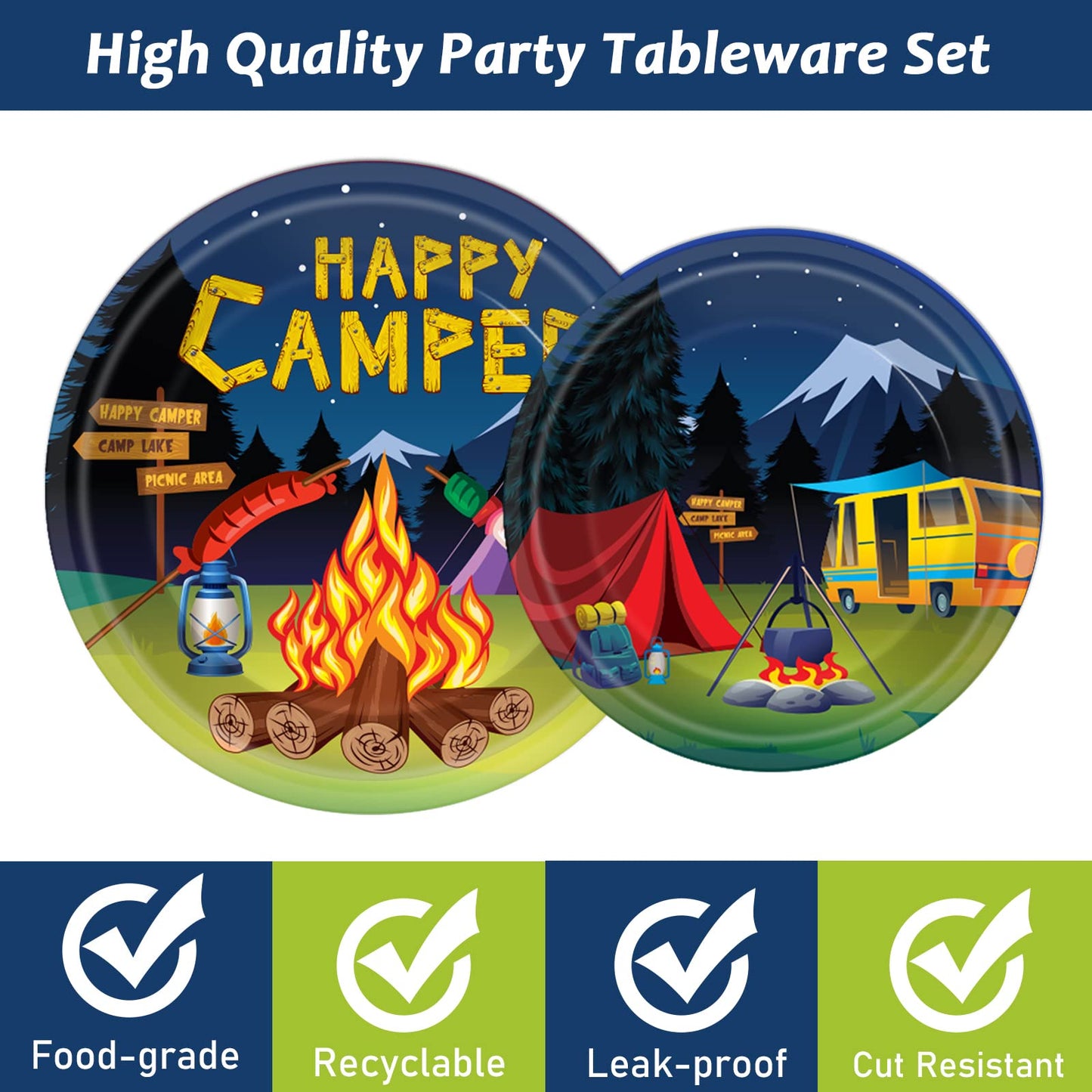 96 Pcs Camping Party Supplies Paper Plates Napkins Happy Camper Birthday Decorations Camping Adventure Party Tableware Set For B