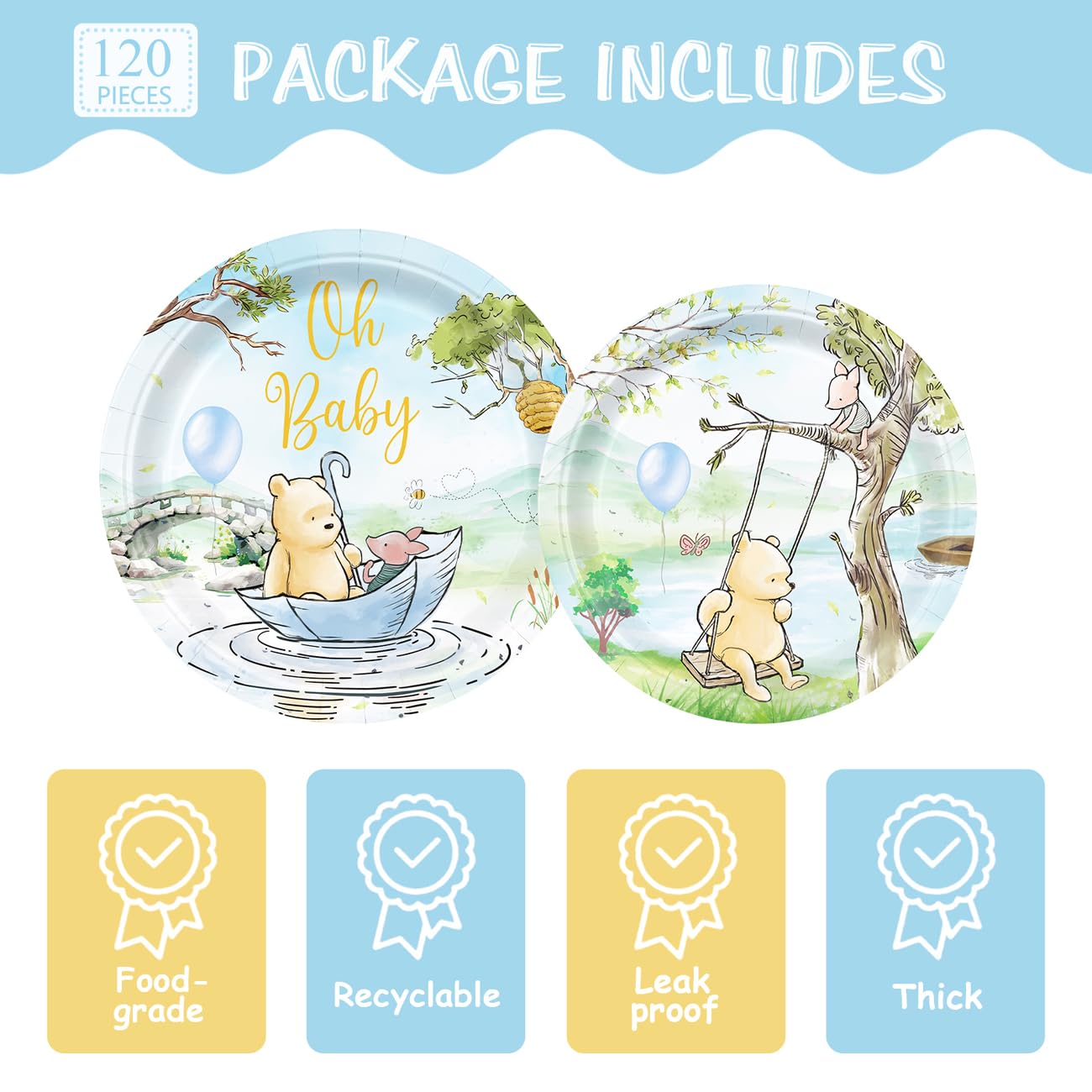 120pcs Winnie Plates Baby Shower Pooh Napkins Classic Bear Baby Shower Decorations Paper Cups Forks Oh Baby Disposable Tableware