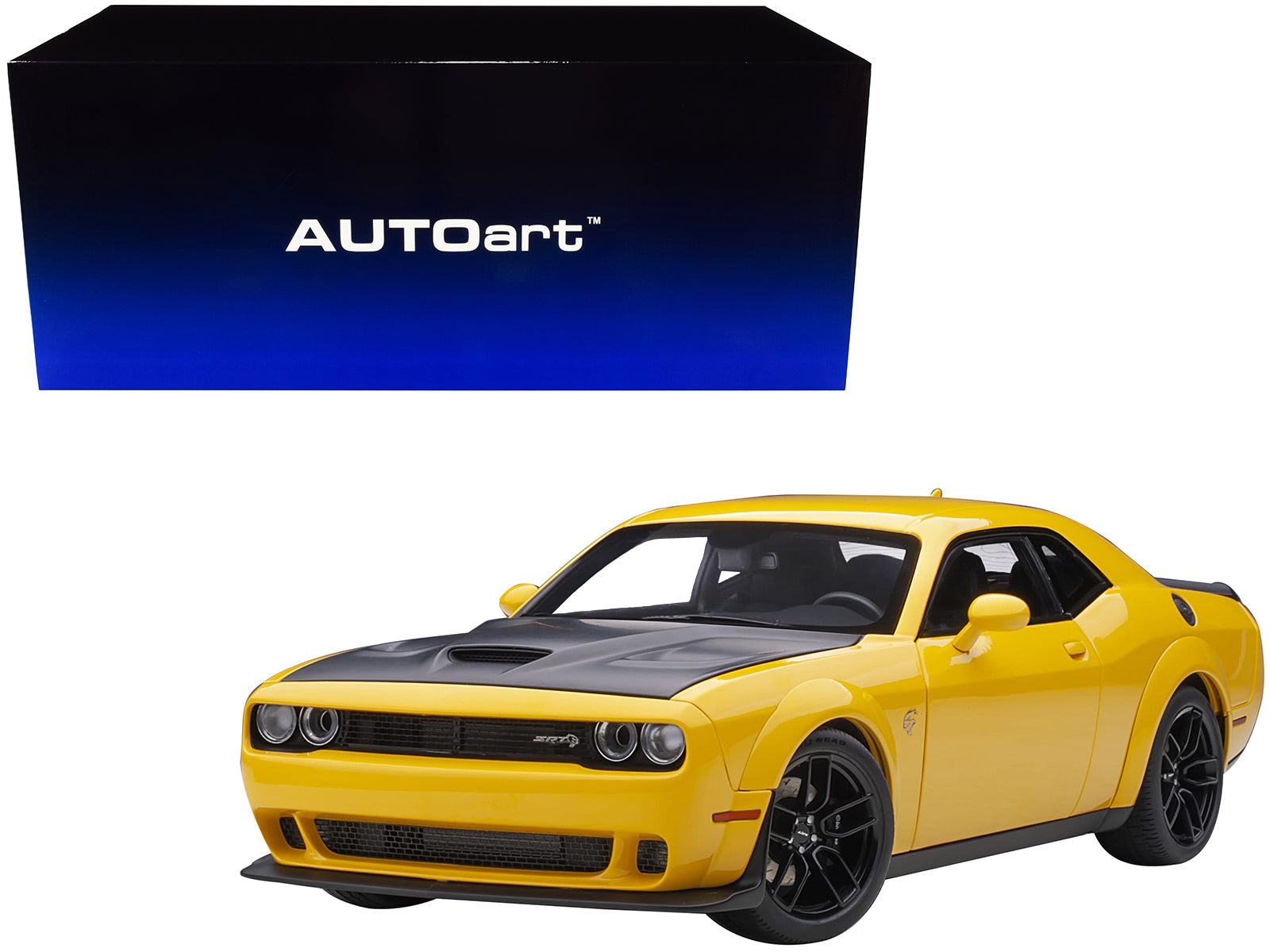 Dodge Challenger Srt Hellcat Widebody Yellow Jacket With Satin Black Hood 1/18 Model Car By Autoart