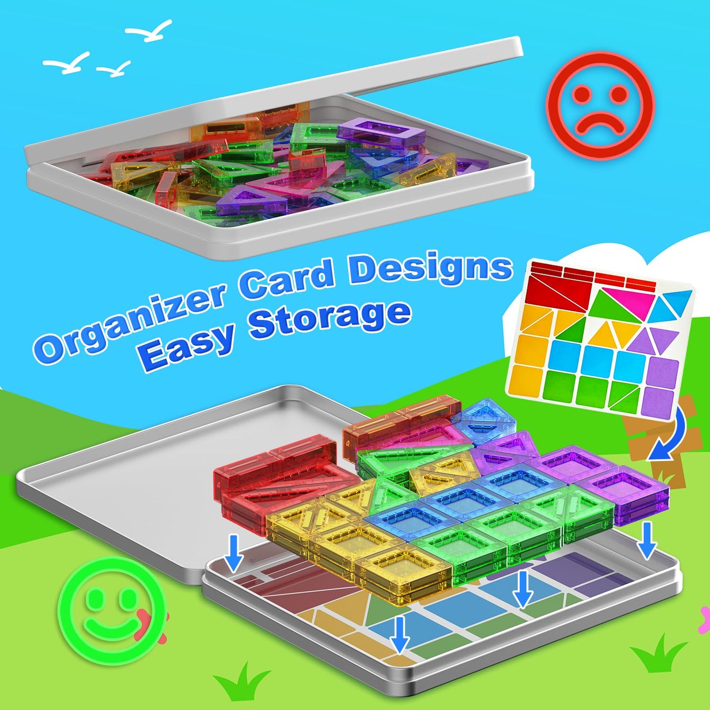 GleamJoy Mini Magnetic Tiles, 58PCS Travel Magnetic Tiles with Iron Box, STEM Educational Construction Toys for Kids Ages 3+, Po