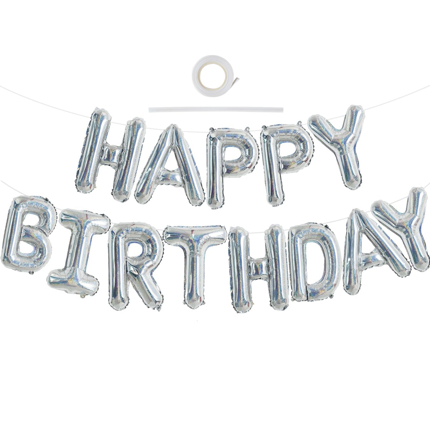Toniful Laser Silver Happy Birthday Balloon Banner 16 Inch Mylar Foil Letters Birthday Sign Bunting Reusable For Girls Boys Kids