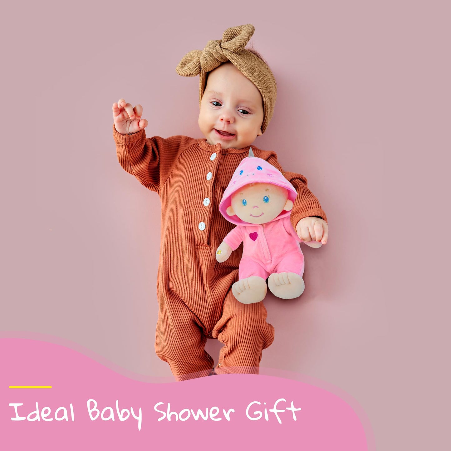 June Garden 12 Musical Sweet Dolly Dinopuff - Interactive Stuffed Ultra Soft Talking Baby Doll for Birth and Up - Removable Pink