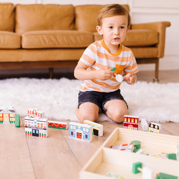 Melissa & Doug Wooden Town Play Set (32 pcs) - Multi Color, Includes Storage Tray, Model 98141, Pretend Play for Kids