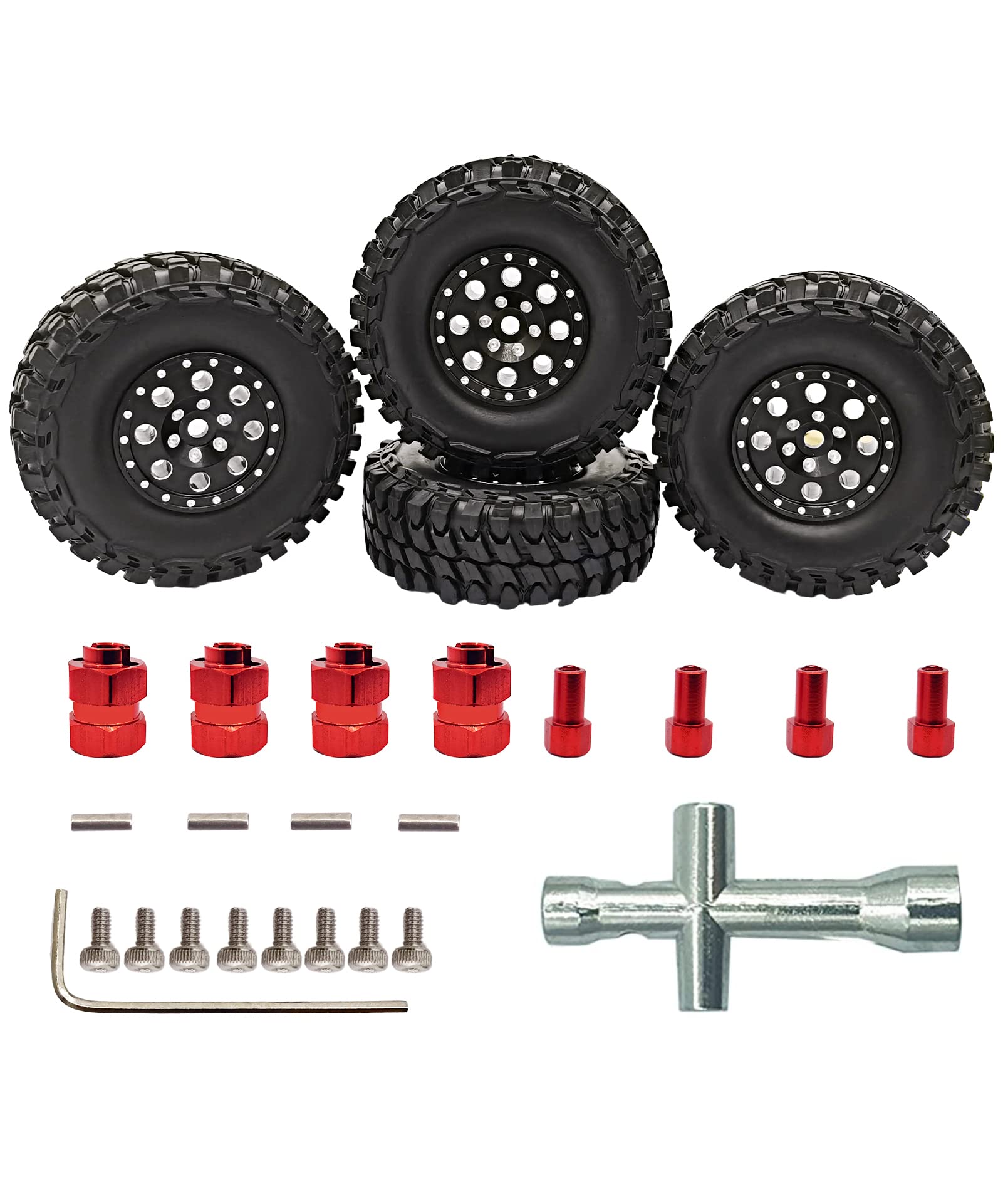 HOPLEX Beadlock Wheels and Tires 4Pcs Metal Micro Crawler Tires with Red 7mm RC Wheel Hex Hub Spacer for Axial SCX24 90081 1/24 