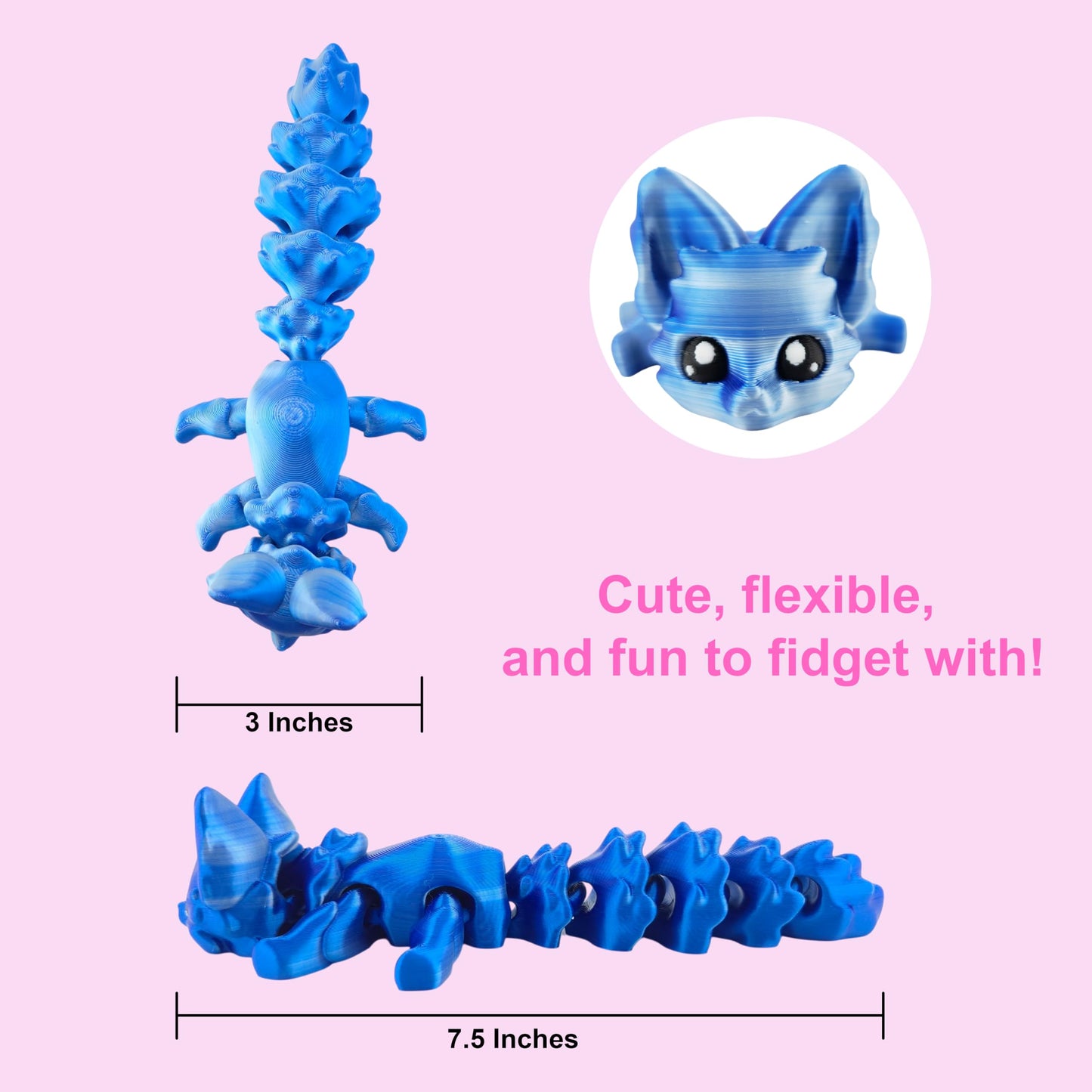 Cute Fox Desk Buddy, Articulated 3D Printed Fidget, 7.5 Inches, Authorized Seller (Silk Blue/Silver)