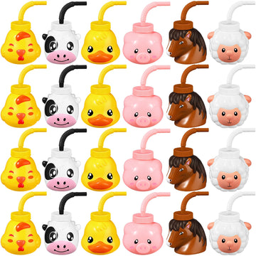 Roshtia 24 Sets Farm Animal Cups with Straws and Lids 11 oz Plastic Animal Themed Cups Cute Pig Sheep Chicken Duck Horse Cow Str