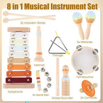 Ranqibo Musical Instruments For Toddlers 1-3 - Eco-Friendly Wooden Percussion Set With Xylophone, Tambourine, And Maracas In Neu
