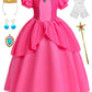 Sabbenia Pink Princess Costume for Girls Cosplay Pink for Halloween Birthday Party Dress Up 3-4Y