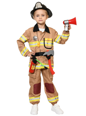 Tacobear 12Pcs Firefighter Costume For Kids, Brown Fireman Outfit With Complete Firefighter Accessories, Dress Up Pretend Play T