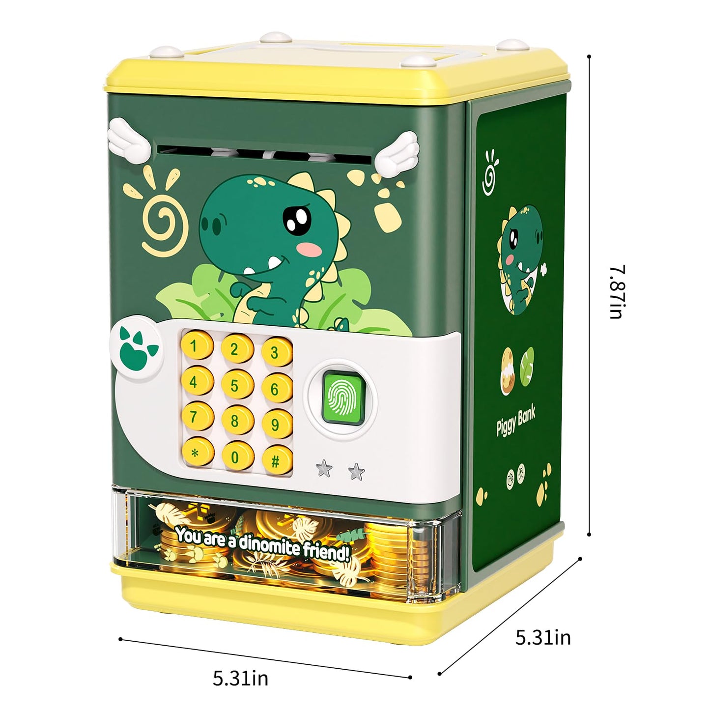 AIQI Dinosaur Electronic Piggy Bank for Boys,Mini ATM Toys of Kids,Savings Machine with Personal Password & Fingerprint Unlockin