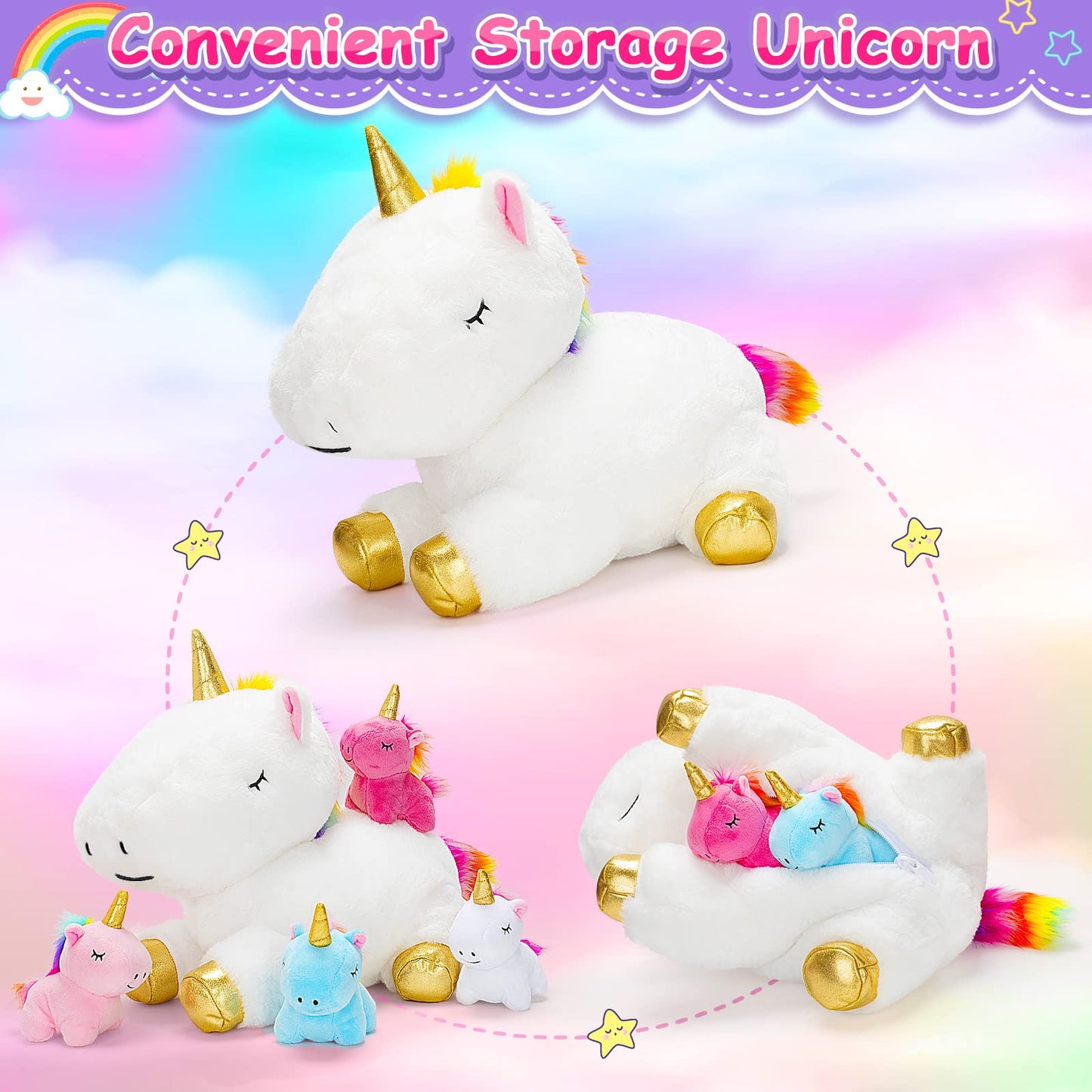 KMUYSL Unicorn Toys Set - Soft Plush Mommy Unicorn with 4 Baby Unicorns, Orange, 5 Piece Assortment, Ideal for Ages 3-8, Perfect Gift