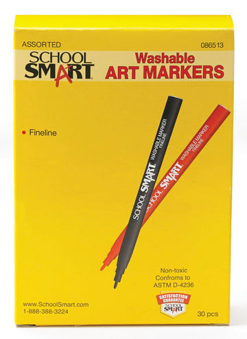 School Smart Washable Markers, Fine Tip, Assorted Colors, Pack Of 30