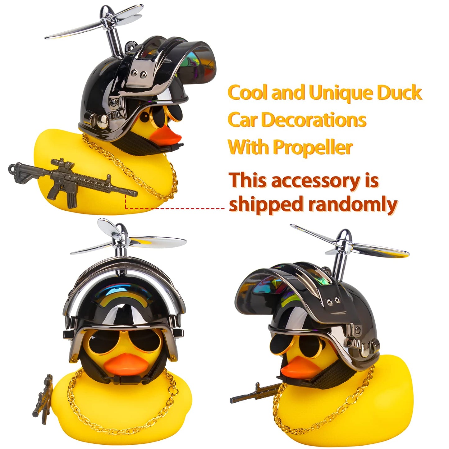 wonuu Rubber Yellow Duck Car Ornaments Cool Duck Car Dashboard Decorations with Propeller Helmet Sunglasses (Brilliant Black-Yellow G)