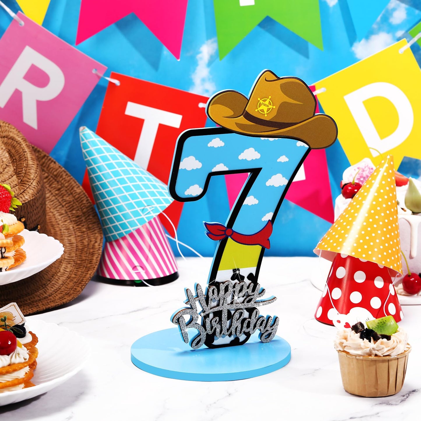 Vercraft Toy Theme 7th Birthday Party Number Centerpiece 11.8 Inch Cartoon Party Number Sign Blue Sky and White Cloud Cow Birthd