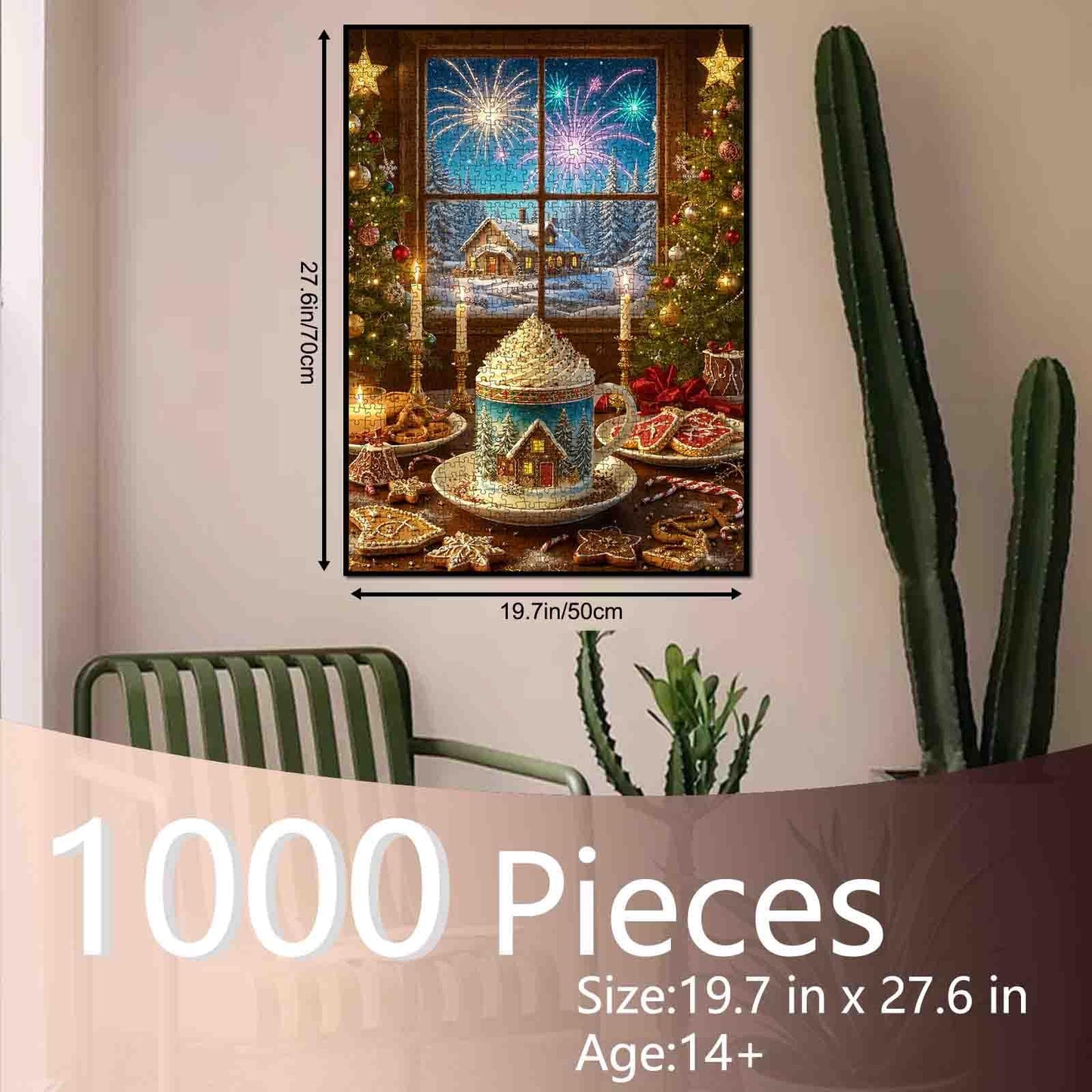 Cream Holiday Mug Gingerbread Cookies Christmas Fireplace 1000 Piece Jigsaw Puzzle for mature-themeds Students Cozy Winter  Window View 20?27 Inches Relaxing Festive Game Warm Atmosphere Decor