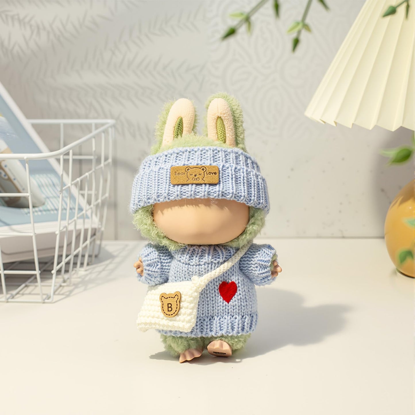 Clothes for LABUUB Doll (NO Doll)  Handcrafted Crochet 3-Piece Set for Doll Accessories  enhanced Outfit - Heart Sweater + Hat + Bag  Cute Clothes for Dress up Unique Style (Blue)