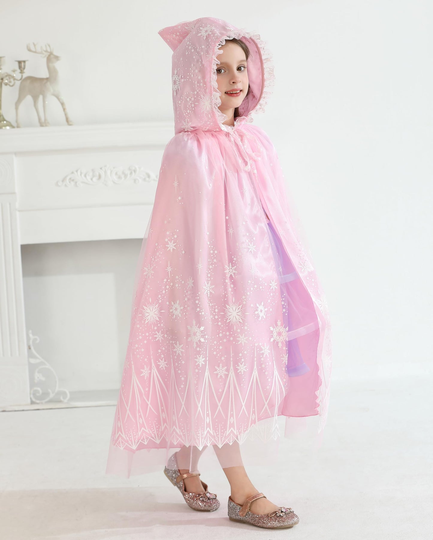 Purfeel Girls Cape For Elsa Dress Up Kids Hooded Cloak Costume Pink 7-10Years