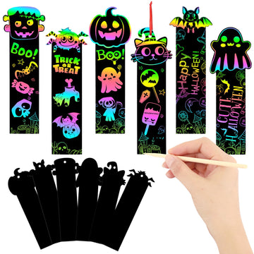 JUNEBRUSHS 30Pcs Halloween Scratch Bookmarks, Rainbow Magic Scratch Paper Art Pumpkin Bat Spider DIY Crafts Kit for School Class