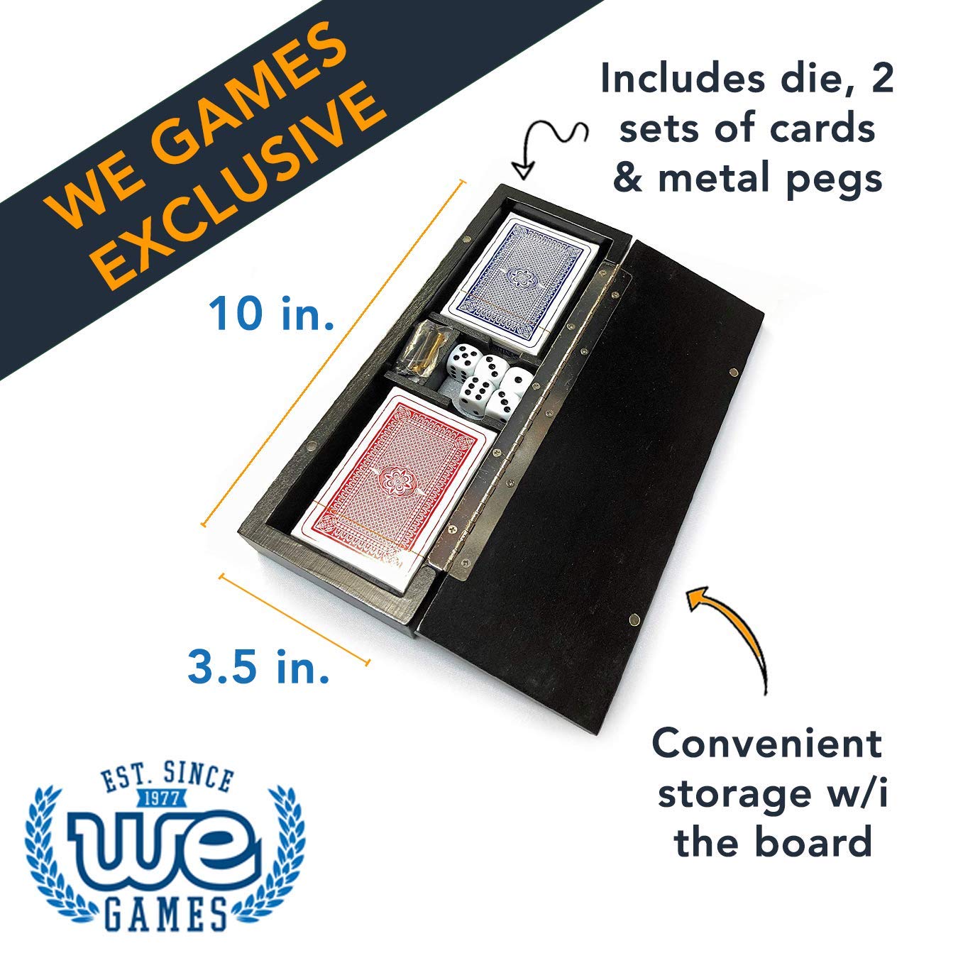 We Games 3 Player Wood Cribbage Set - Easy Grip Pegs And 2 Decks Of Cards Inside Of Board - Black Stained