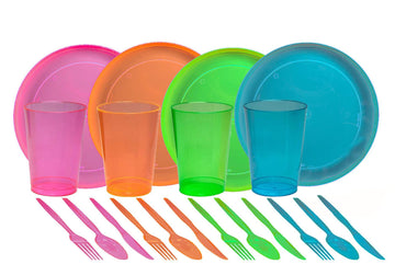 Tiger Chef 80-Piece Neon Assorted Glow Party Supplies Includes Neon Assorted Colors Hard Plastic Plates, Cups and Cutlery in Neo